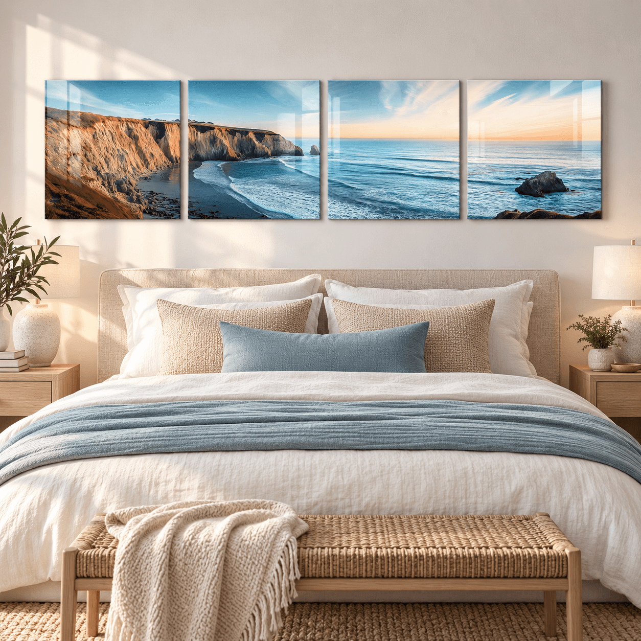 Four-panel coastal sunset glass wall art mounted above a bed with blue and beige linens